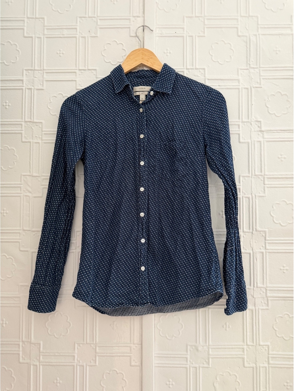 J.Crew Boy Shirt 00 Navy Blue White Polka Dot Cotton Button Down Long Sleeve